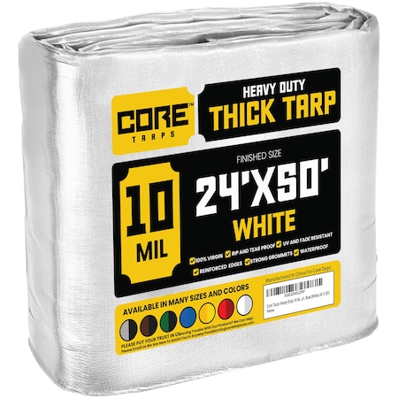 Core Tarps Heavy Duty Tarp, 50 ft L x 0.5 mm H x 24 ft W, 10 Mil, White, Polyethylene CT-604-24X50